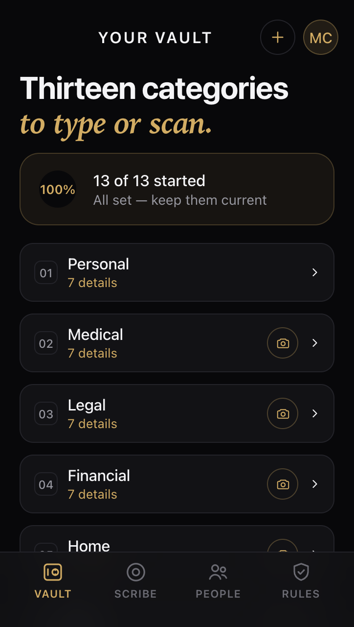 The NESA vault — thirteen categories to type or scan.
